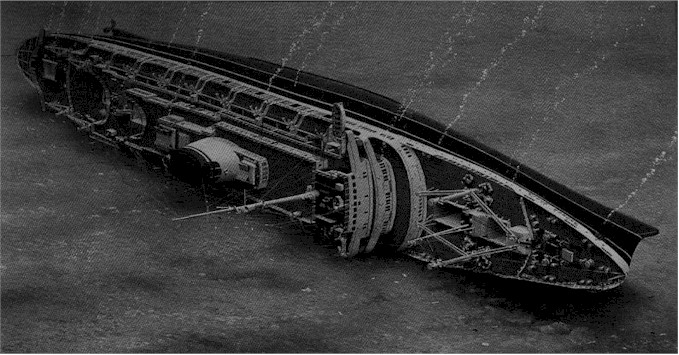 An artist's rendition of the Andrea Doria "at the time of her sinking" laying on the floor of the ocean.  Illustration: Ken Marschall